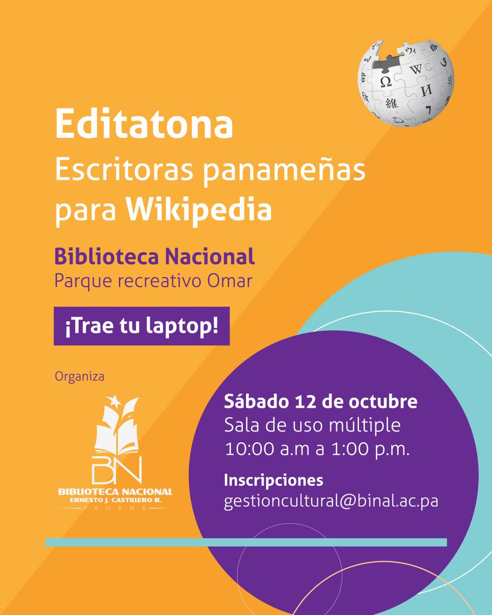 ¡Hoy! escribiremos artículos sobre escritoras panameñas en Wikipedia.  Evento organizado por <a href="/BinalPanama/">Biblioteca Nacional</a>