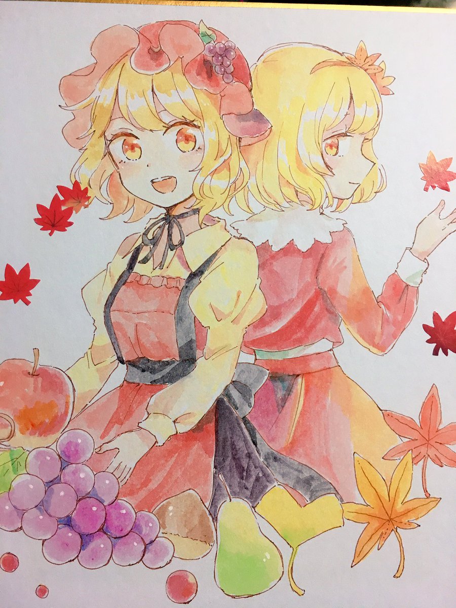 秋穣子 ,秋静葉 「色紙秋姉妹? 」|もずくず🐘例大祭う34bのイラスト