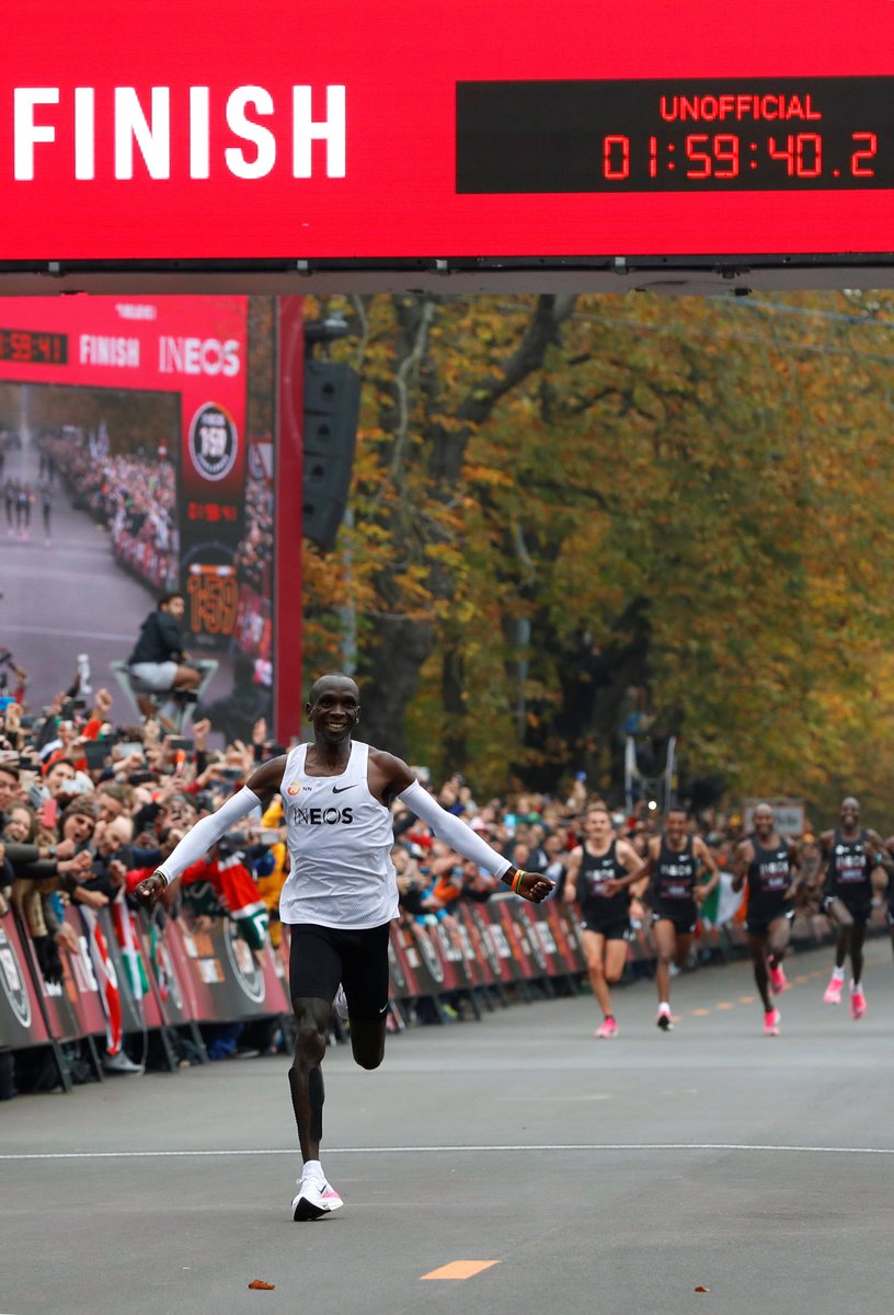 garethstead's tweet photo. This is huge. Eliud Kipchoge did it. First marathon under 2 hours!!! By a Kenyan. A first for Kenya &amp; Africa. Even bigger than Bannister’s sub 4min mile (1954) and Hines sub 10sec 100m (1968). 12 Oct 2019. #EliudKipchoge.  #BarrierBreaker https://t.co/7gGu2aAz04