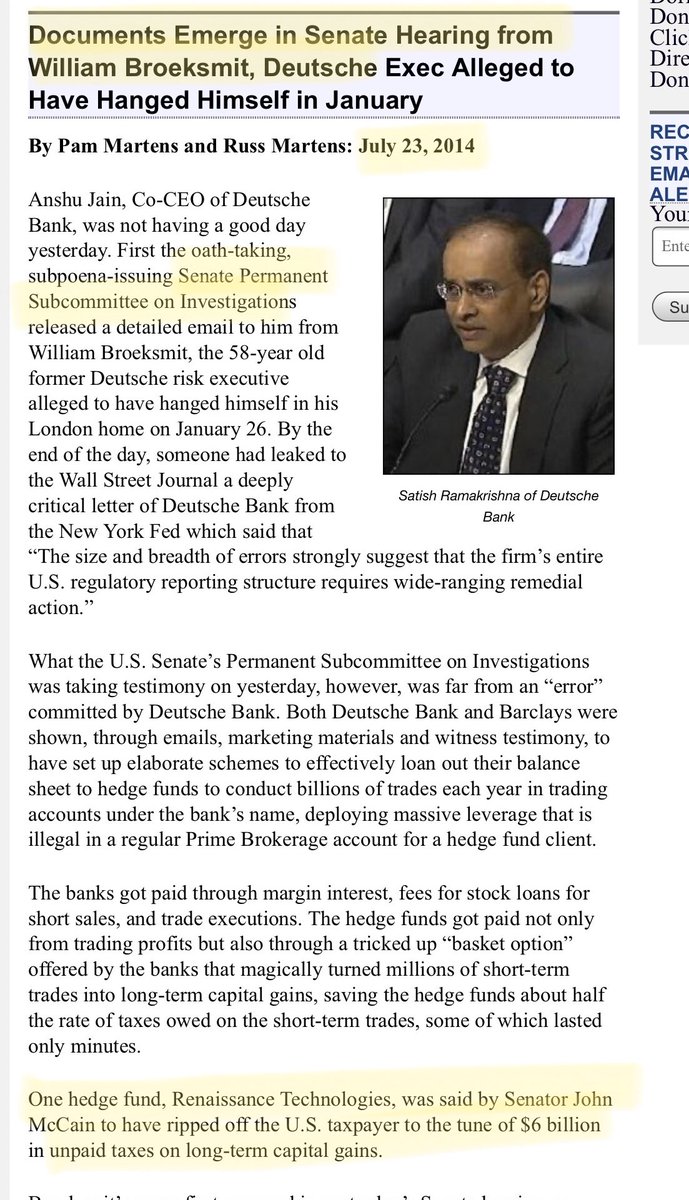 14. Now allegedly this is the guy with a bunch of “secret documents” that’s brought us to today’s investigation of  @realDonaldTrump and lawsuits about his bank records BUT here’s the problem: Senate intel had them in 2014 enter McCain. https://wallstreetonparade.com/wp-content/uploads/2014/07/Email-from-William-Broeksmit-to-Anshu-Jain-Released-by-the-U.S.-Senate-Permanent-Subcommittee-on-Investigations.pdf