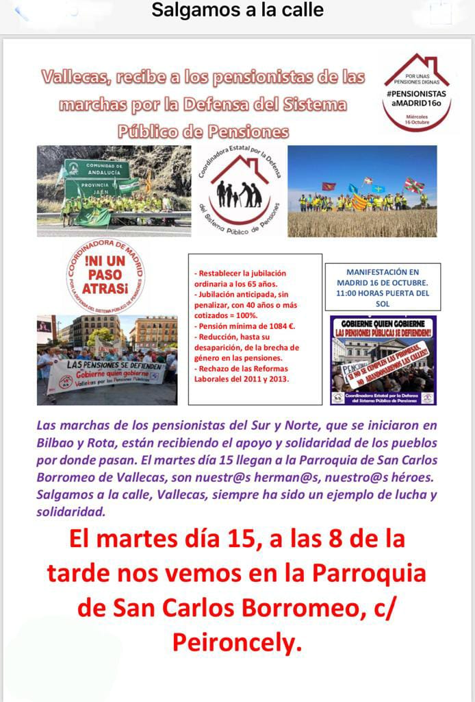 MareaNord's tweet photo. El martes 1️⃣5️⃣ Octubre a las 
2️⃣0️⃣  vayamos a recibir a los pensionistas de las 2️⃣ Marchas. Ellos nos representan a todas/os  
SOMOS LA COESPE.
#PENSIONISTASaMADRID16O #PensionesPublicasDignas 
@pensionazo_no
@catalunya_marea 
@MareaNord https://t.co/HWeXKZcLvc