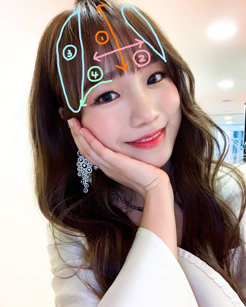 스즈 あくまで私個人の分析ですが チョユリ前髪のポイント 1縦幅広め 2横幅狭め 3サイドは重く 4サイドへ行くにつれだんだん長く 目の下親指1本分くらい 5カーラーでといてエアリーさをだす オイルなどは馴染ませない 6巻きすぎない イメージは