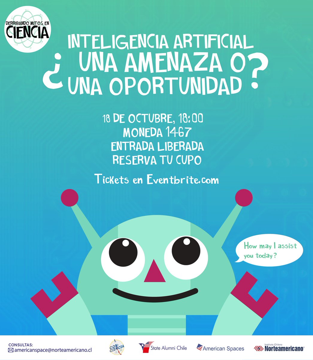 Con_CienciaCL's tweet image. En la #actualidad la #AI ha llegado a tener muchas connotaciones, buenas y malas, debido a los usos que se le ha dado. Por eso, en #DerribandoMitos vamos a poner el #debate sobre la mesa. Viernes 18 de octubre.
*INSCRIPCIONES: bit.ly/inteligenciayf…
#CConciencia #Tecnologia #IA