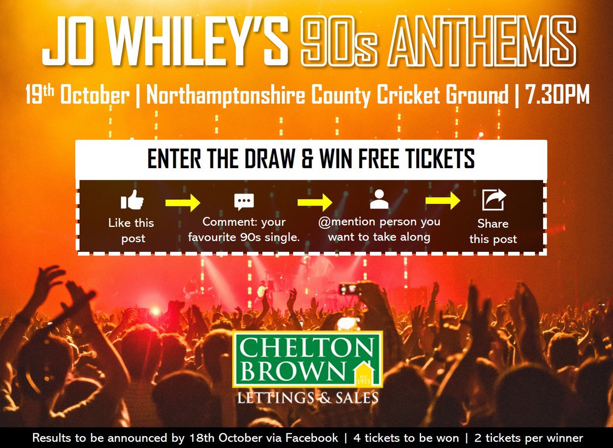 CheltonBrownLtd's tweet photo. We're giving 4 FREE Tickets to Jo Whiley's 90s Anthems! To enter the draw &amp; win your #tickets:

1 LIKE this post >> 2 COMMENT your favourite 90s single >> 3 TAG the person you'd like to bring along >> 4 SHARE this post!

#jowhiley #1990s #music #northampton #90s

@GuildProperty https://t.co/G40PwiJvYV