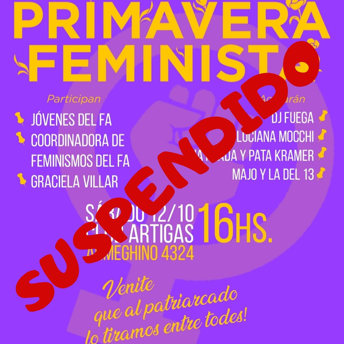 ‼️AVISO ‼️

🌧Debido a la tormenta y dificultades logísticas que de ella se derivaron, estaremos avisando la nueva fecha a la brevedad. 

¡Seguimos militando por más feminismo y más Frente Amplio!✊