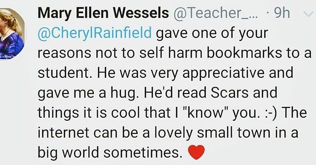 CherylRainfield's tweet photo. I so appreciate when teachers share my books and healing info (like Reasons Not To Hurt Yourself) with teens who need them like teacher Mary Ellen Wessels did. Even lovelier? When the teen already knows about it and it fits so well!
#teachershelp #books… https://t.co/2Ydc5M2eib https://t.co/4hwRB48cJN
