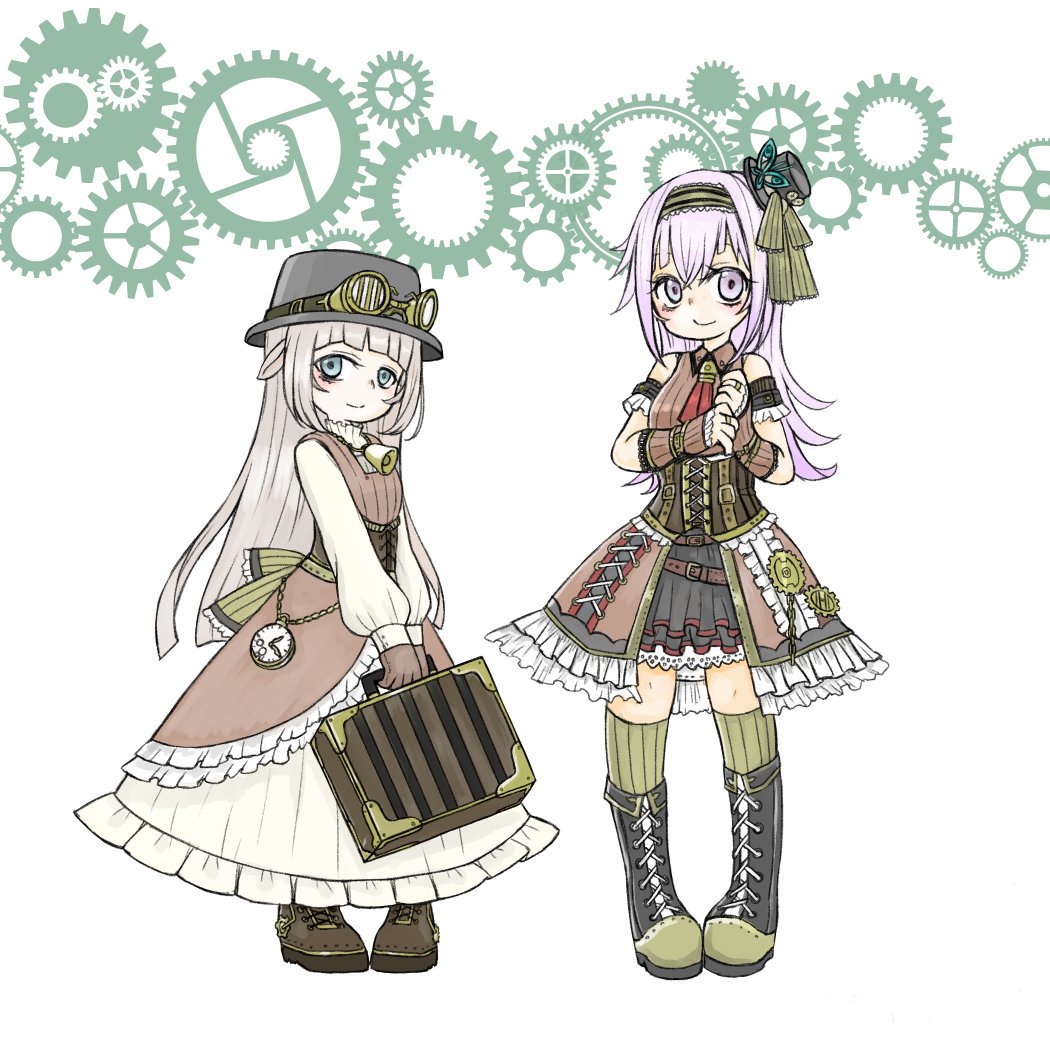 steampunk multiple girls 2girls gears hat goggles boots  illustration images