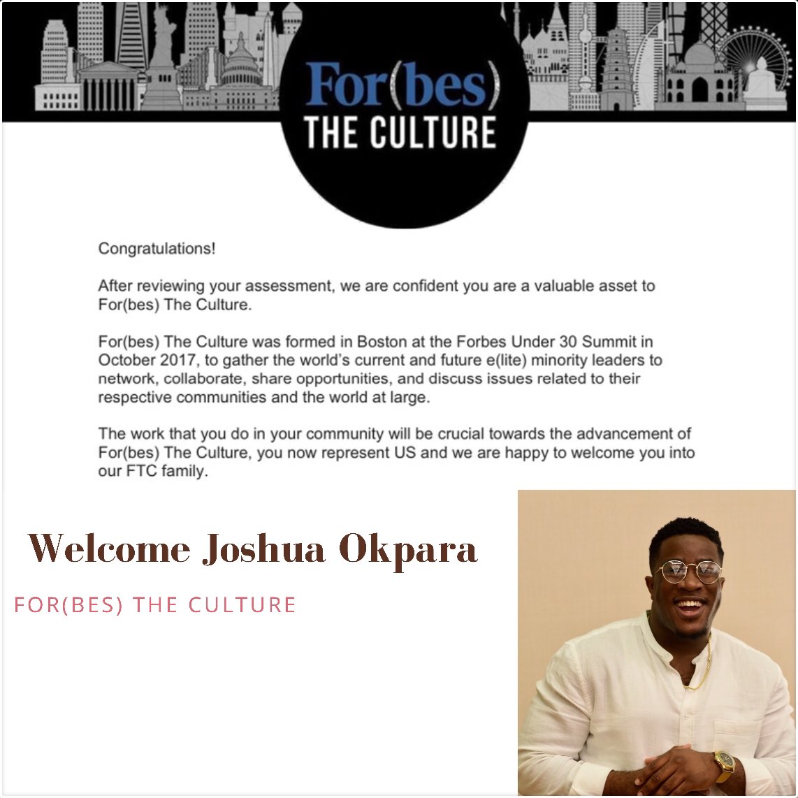 Super excited and honored to be a part of For(bes) the culture. Looking forward to grow, develop and finish what God has set me out to do on earth. To God be the glory! 
#Forbes #under30 #forbestheculture