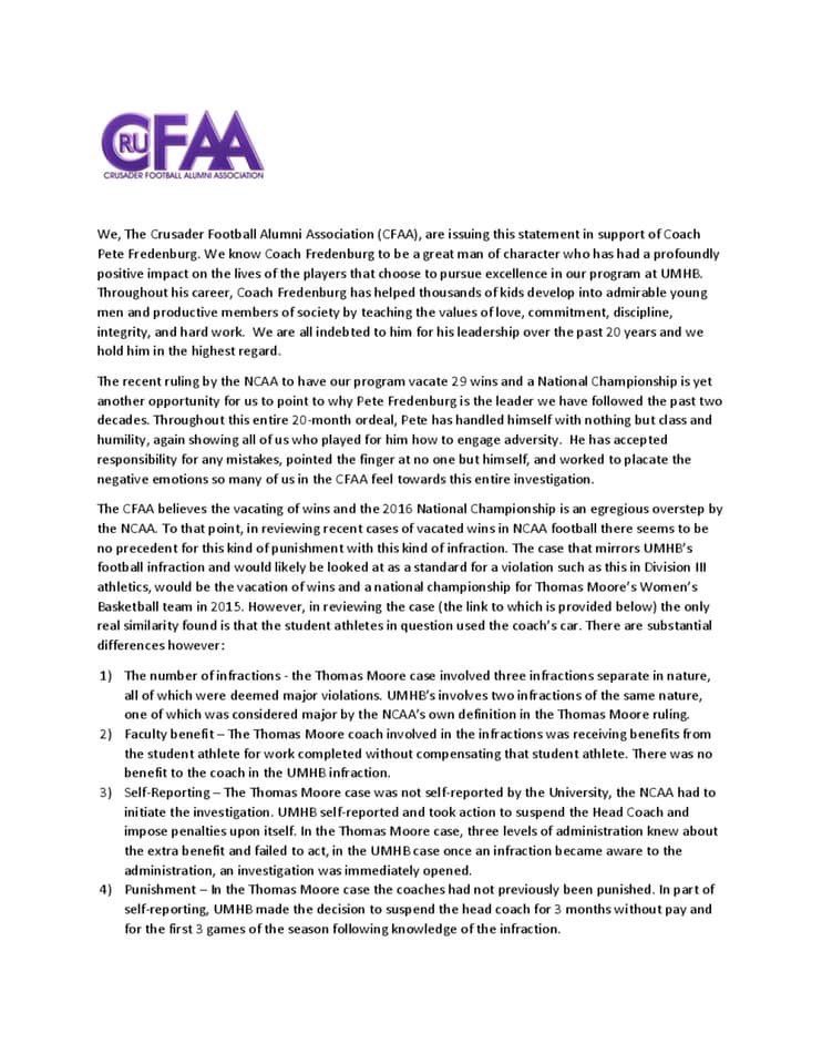 JoshuaTHolt's tweet photo. If you are interested in reading a factual analysis about the NCAA sanctions against UMHB football, I would encourage you to take a look at this letter crafted by the Cru Football Alumni Association (CFAA). https://t.co/wMjdhtJPlV