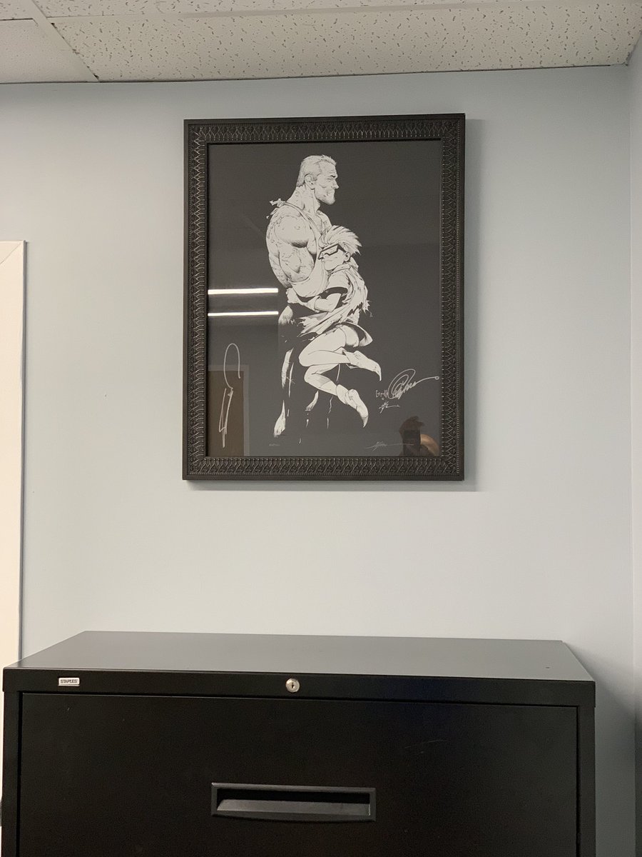 pcahiwat's tweet photo. finally up on a wall in new office! bought after #NYCC17, signed by @FrankMillerInk @GregCapullo and @jonathanglapion at #NYCC18, framed shortly thereafter and sat dormant, now finally displayed in all its glory! @TaraTakeOut https://t.co/GuXYQwgMaw