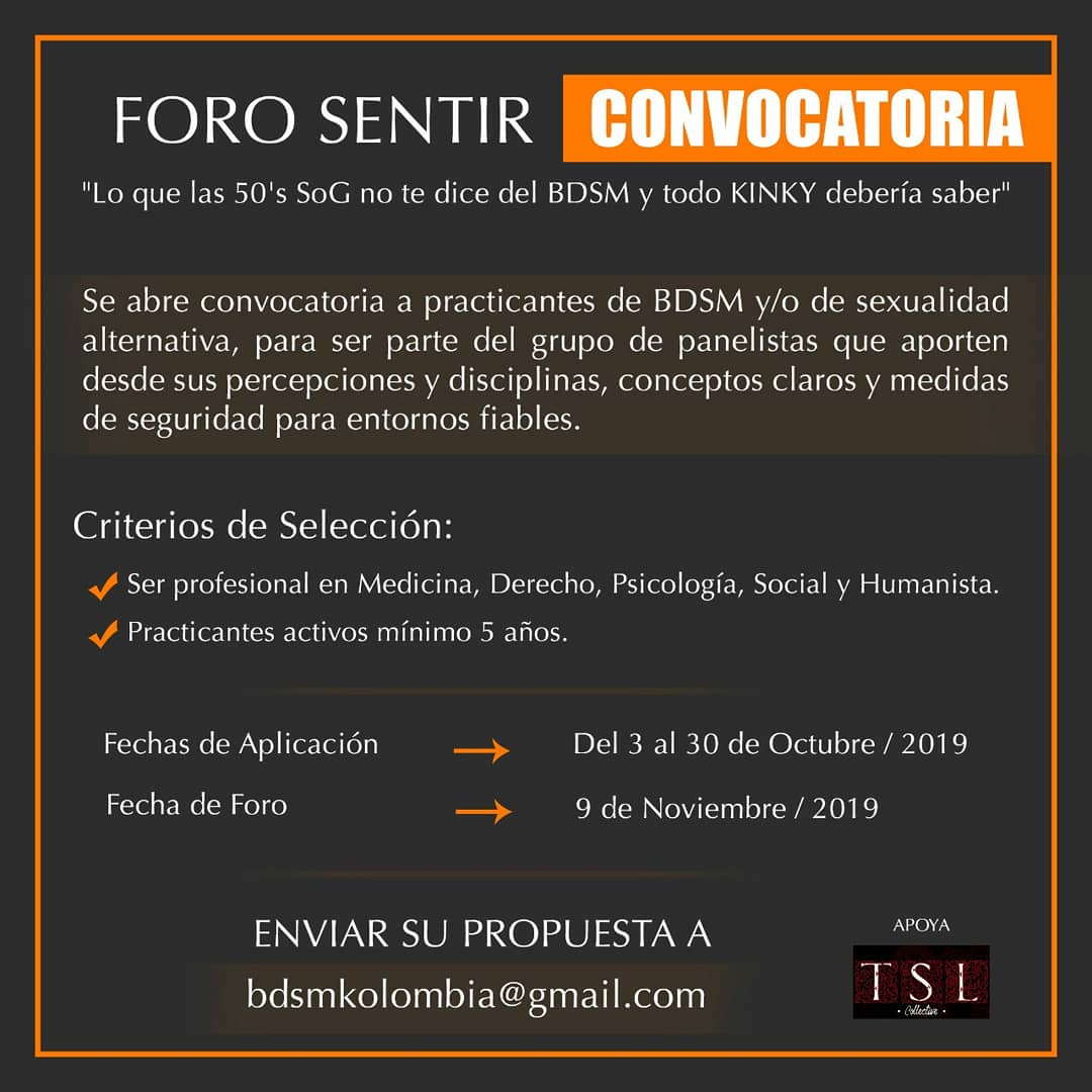 SecretLoungeFem's tweet photo. Foro SENTIR 📎
Bogotá, Colombia.
Abrimos convocatoria a practicantes de BDSM y/o de sexualidad alternativa desde las siguientes disciplinas:
👉Medicina
👉Derecho
👉Psicología
👉Social y Humanística
Mayor información a : bdsmkolombia@gmail.com https://t.co/eaJw5Kw3RB