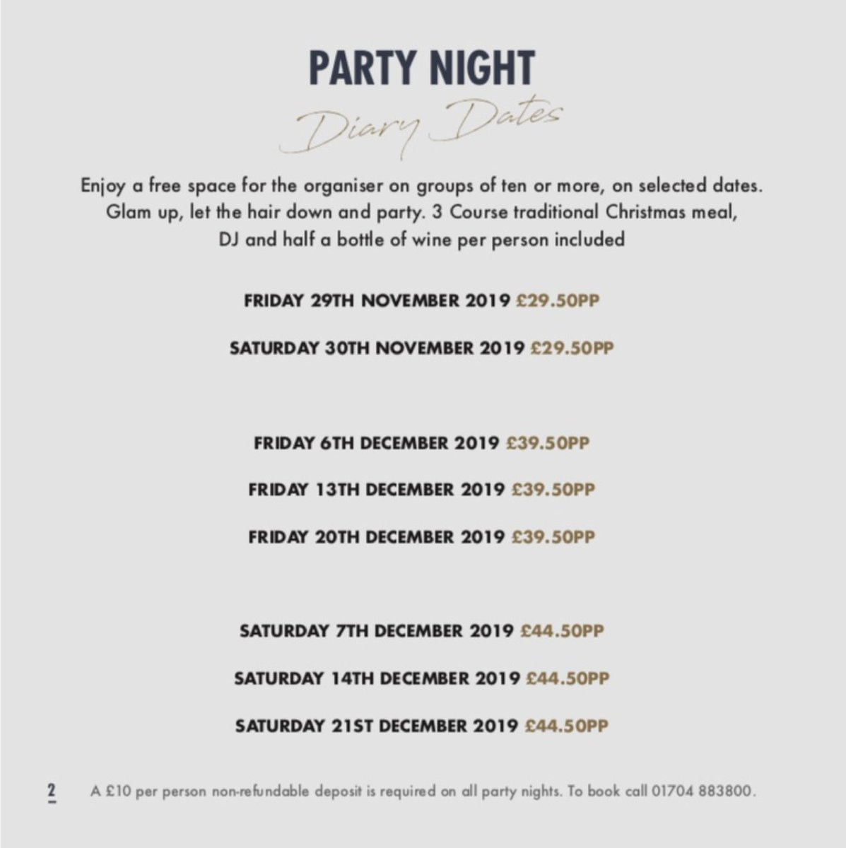 vincenthotel's tweet photo. Our Christmas party nights are booking up fast!! Make sure you and your work mates don’t miss out on a great night of festive fun 🎄🎅🏻 🎁 🥂

Call 01704 883 800 to book (£10pp non-refundable deposit on booking). https://t.co/ATOodxJgZF