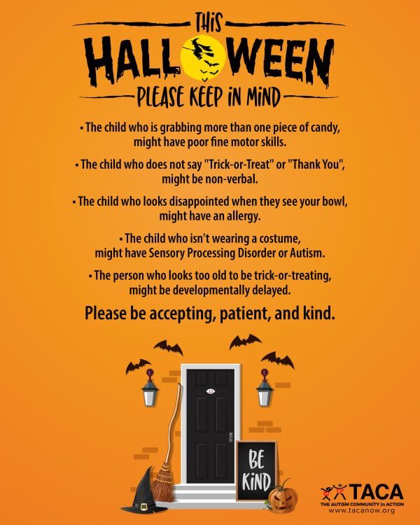 _downtalk's tweet photo. This #Halloween please keep these things in mind! 🎃👻 

Please remember to be accepting, patient &amp; kind! #ChooseToInclude 

#DownSyndromeAwareness 
#AutismAwareness 

(Via @TACAfoundation) https://t.co/R1whfEhw6m