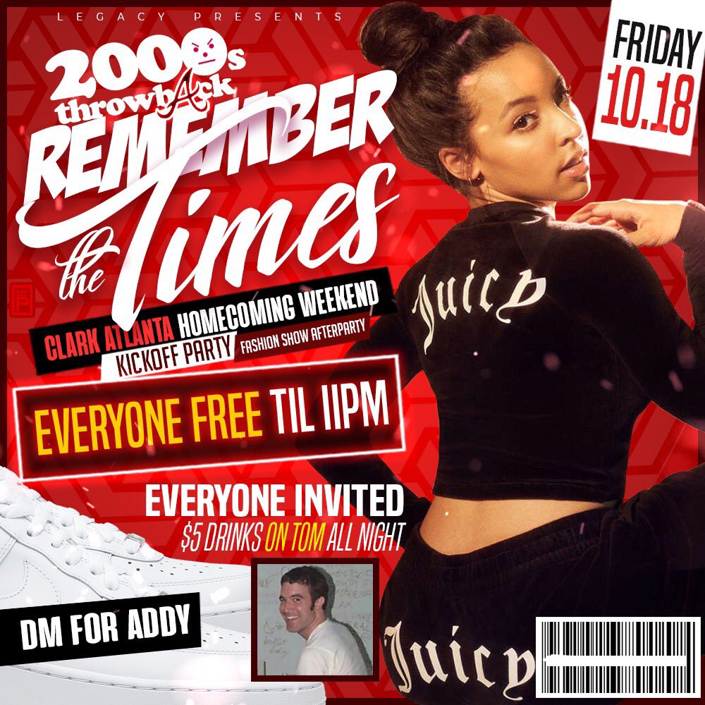 REMEMBER THE TIMES 2000’S PARTY !!

🔊 HOMECOMING WEEKEND KICKOFF PARTY 

🔘EVERYONE IS FREE ! IT’S HOCO SO COME AND DRIVE THE BOAT W/ 2000’S VIBEZ 🔥🔥🔥

#CAUHomecoming2019
#2000PartyMePlease😩
#LegacyVsEverybody‼️‼️‼️
#LEGACYENT