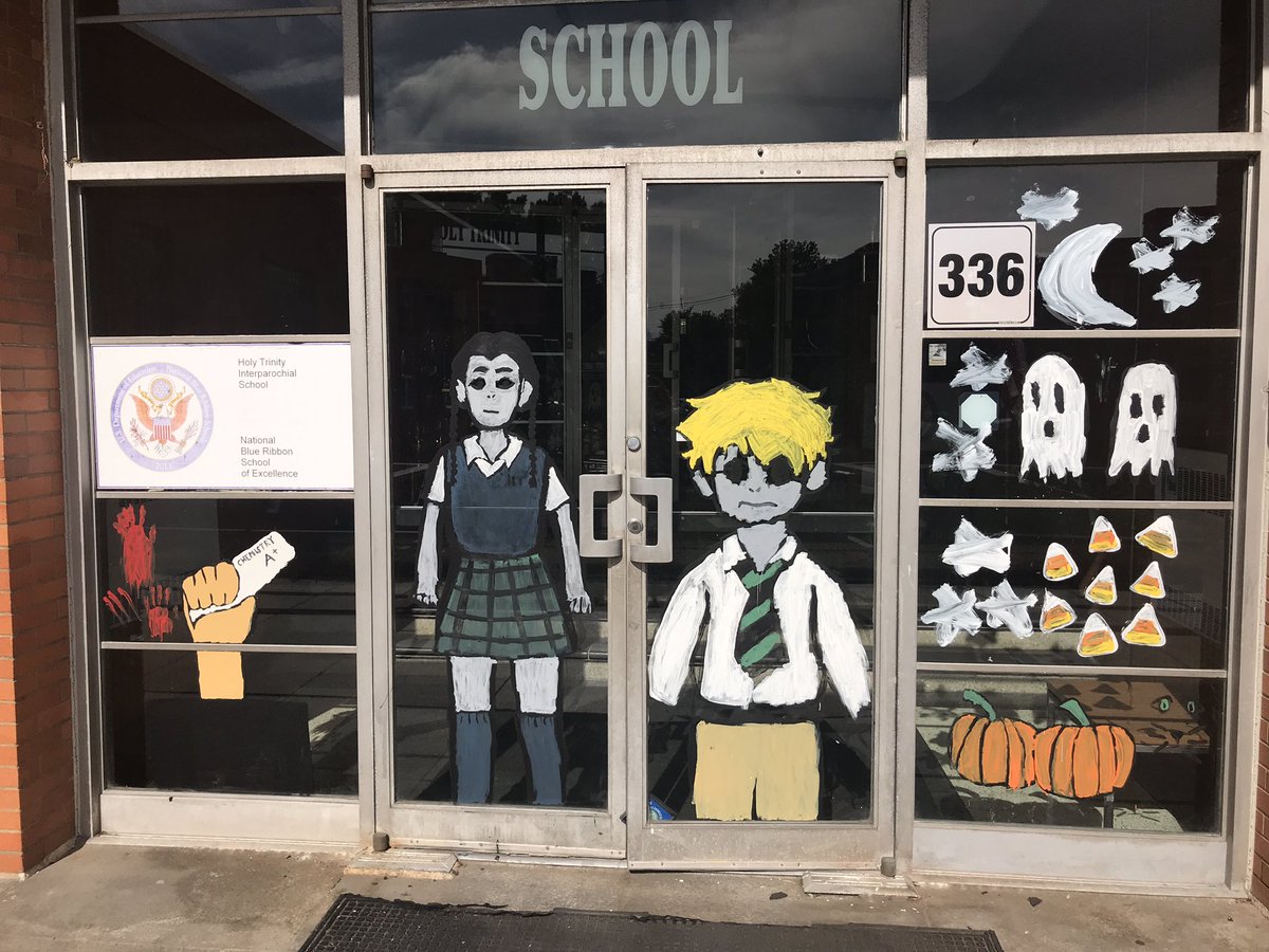 HTSNJ's tweet photo. It’s getting a little “spooky” around here...  Holy Trinity School celebrates AddamsFest with a “drive in” movie night on October 25. Thank you to Girl Scout Troop 40713 for the fantastic windows! #htsschool #addamsfest2019 https://t.co/MA6F99dPEq