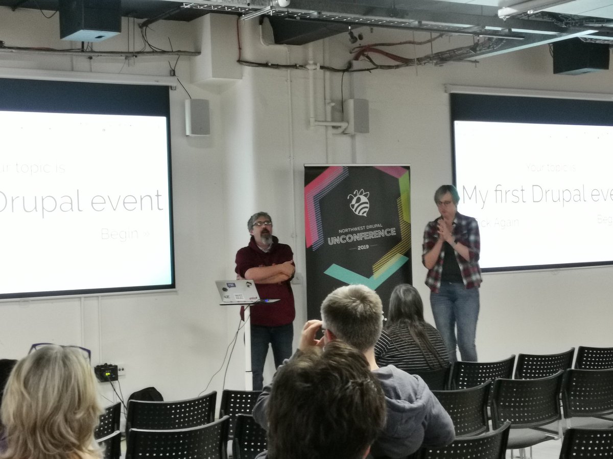 morenodotnet's tweet photo. The hardest part in @nwdug is not giving a talk. The hardest is to hide well enough to avoid being picked for the #slideshow #karaoke 🤐🤢 

@rachel_norfolk didn't hide well 😬😂

#nwdug #Unconference #fml #drupal https://t.co/nS4CHuE9yb