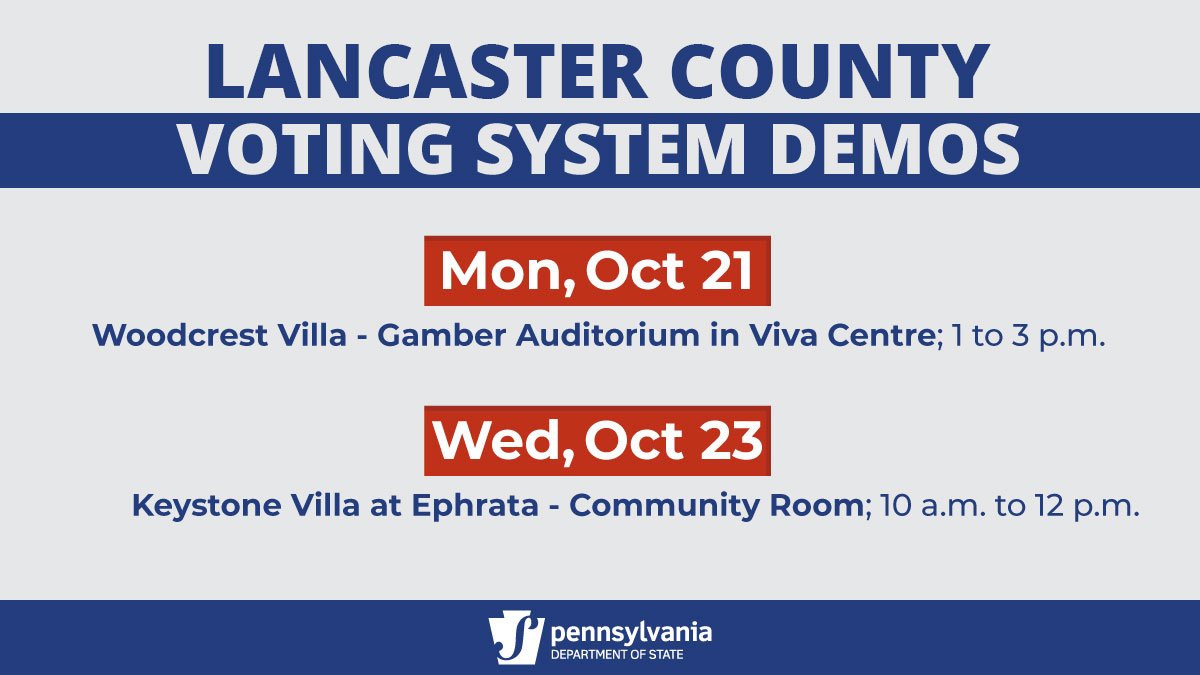 PAStateDept's tweet image. Lancaster County is hosting new voting system demos. Attend one of the events to get a hands-on experience of the new voting system. @LancasterCounty #votesPA