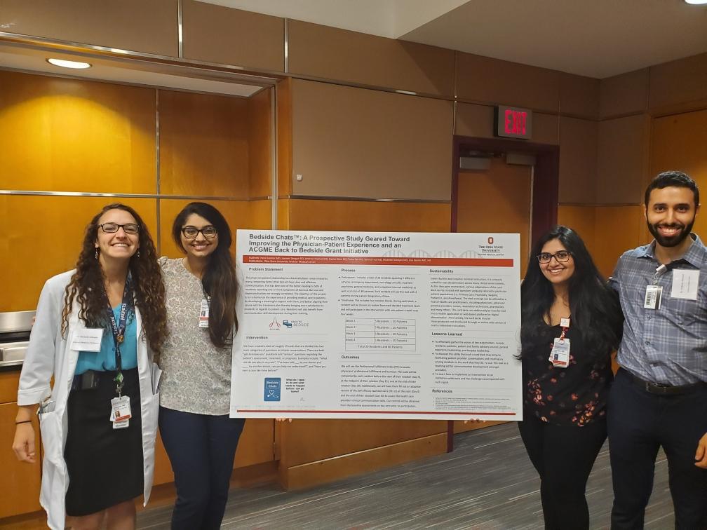 OhioStateIMRes's tweet photo. Drs. Hera Kamdar (Neuro), @andrewnashed9 (IM-Primary Care Track), @DevgunJasneet (IM- Categorical), and Michelle Gillespie (Med-Peds) present their prospective Bedside Chats study at the OSU QI Symposium. #qualityimprovement #HCQI https://t.co/AnpkTzsUbr
