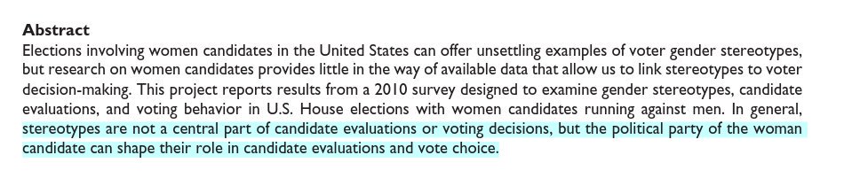  Apesar de tudo, os eleitores - homens e mulheres - são motivados principalmente pela afiliação partidária, não por estereótipos de género. https://www.researchgate.net/publication/270698643_Gender_Stereotypes_Candidate_Evaluations_and_Voting_for_Women_Candidates_What_Really_Matters