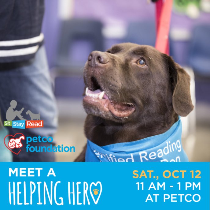 SitStayRead's tweet photo. Today from 11-1 at the Petco at 2000 N. Clybourn, you can meet a SitStayRead #HelpingHero, Trixie, and learn all about how Certified Reading Assistance Dogs are giving back in your community schools with SitStayRead, thanks to the @petcofoundation! https://t.co/SMVcVpTCy8