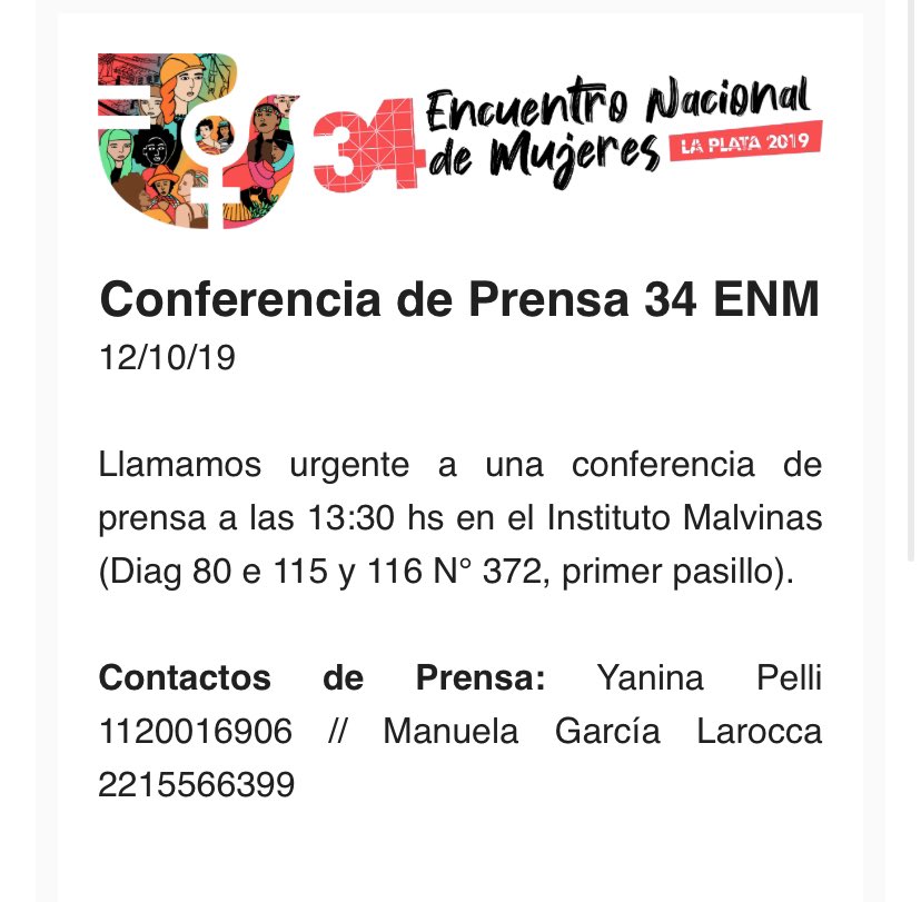 13:30 Hs - Conferencia de Prensa del 34 ENM 📸📹 #34enmlaplata2019 #34encuentronacionaldemujeres