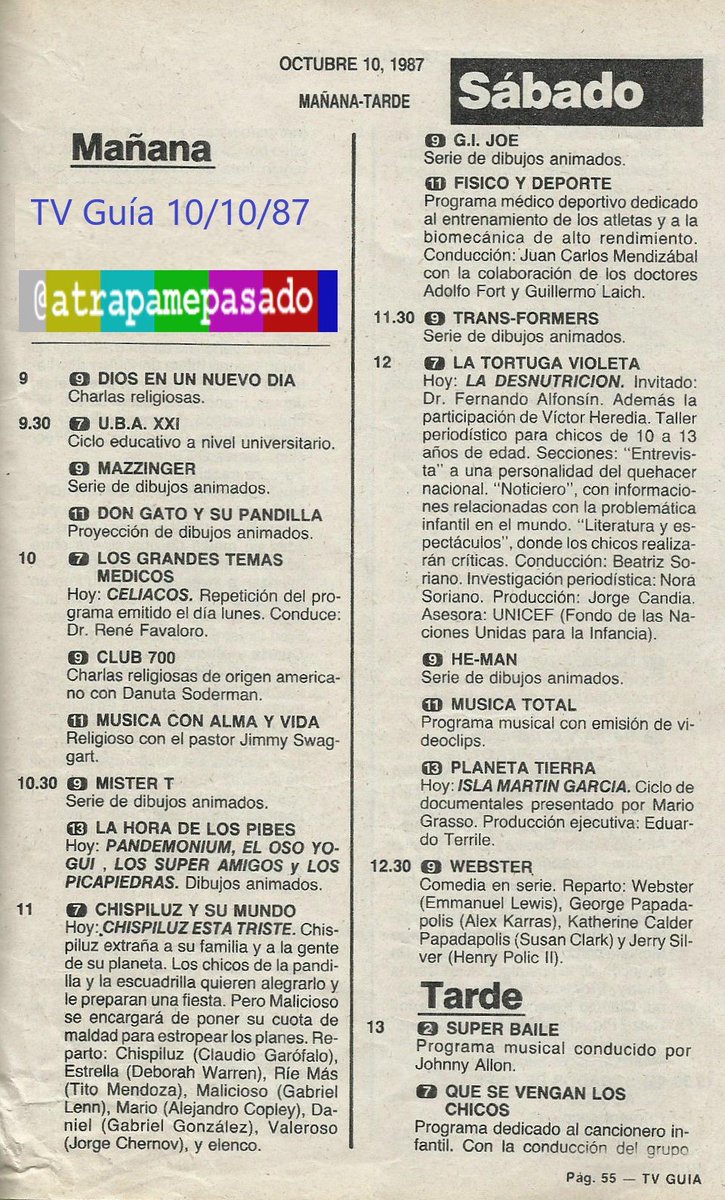 atrapamepasado's tweet photo. Mucha lluvia. Mejor quedarse en casa y ver que ofrecen los cinco canales de aire que se captan en Capital y GBA. Esta es la televisión que vimos un sábado 10 de octubre #de1987, hace #32Años, según revista #TVGuía. https://t.co/2yesn6v6v5