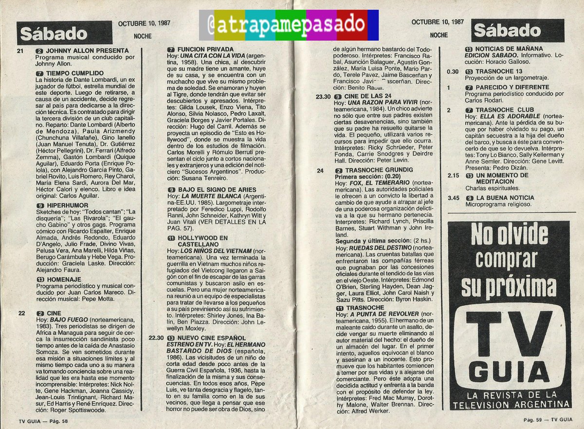 atrapamepasado's tweet photo. Mucha lluvia. Mejor quedarse en casa y ver que ofrecen los cinco canales de aire que se captan en Capital y GBA. Esta es la televisión que vimos un sábado 10 de octubre #de1987, hace #32Años, según revista #TVGuía. https://t.co/2yesn6v6v5