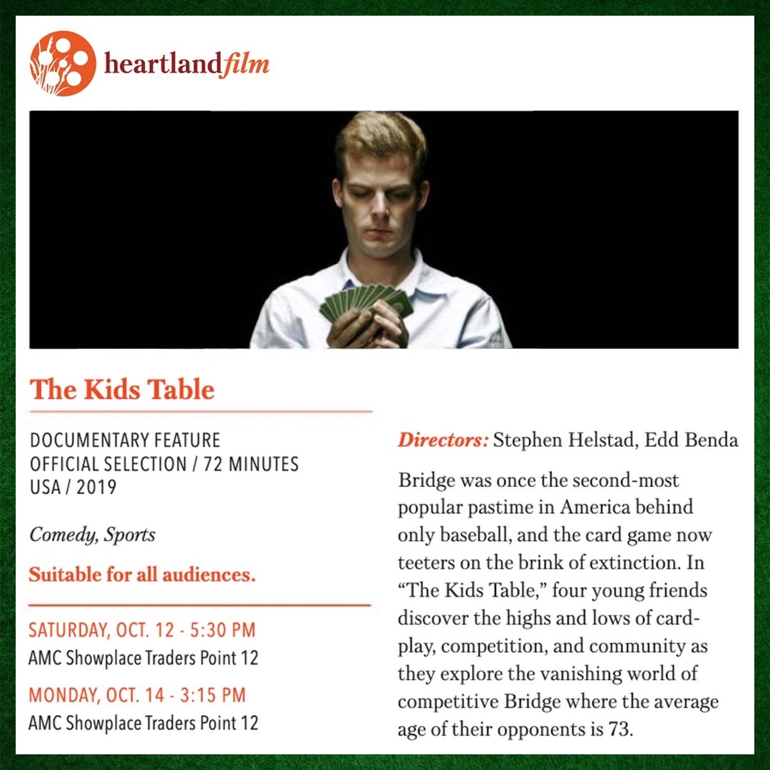 BridgeKidsDoc's tweet image. See the bridge documentary #TheKidsTable at the @heartlandfilm festival (tonight at 5:30pm &amp;amp; Monday at 3:15pm) with @EddBenda and @StankoForever in person at both #HIFF28 screenings – For Tickets &amp;amp; Info: bit.ly/KidsTableHIFF
