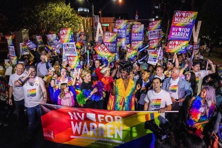 Elizabeth Warren and supporters march in the Las Vegas Pride Parade.