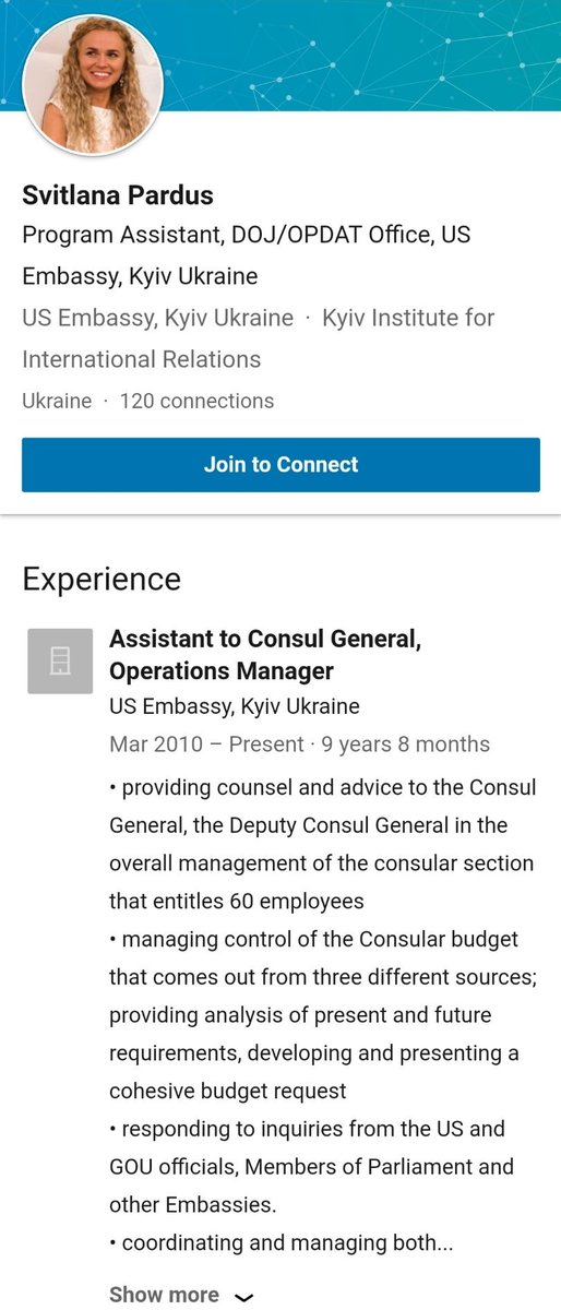 PS, according to her  @LinkedIn, Svitlana Pardus is still a Program Assistant at the US Embassy in Kiev.  https://ua.linkedin.com/in/svitlana-pardus-99149849