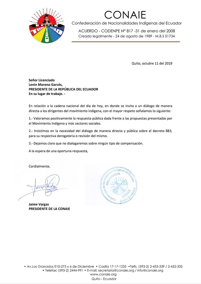 CONAIE_Ecuador's tweet photo. Luego de un proceso de consulta con las comunidades, organizaciones, pueblos, nacionalidades y organizaciones sociales hemos decidido participar en el Diálogo directo con @Lenin sobre la derogatoria o revisión del decreto 883.

Comisión Política https://t.co/J1PZFYmItn