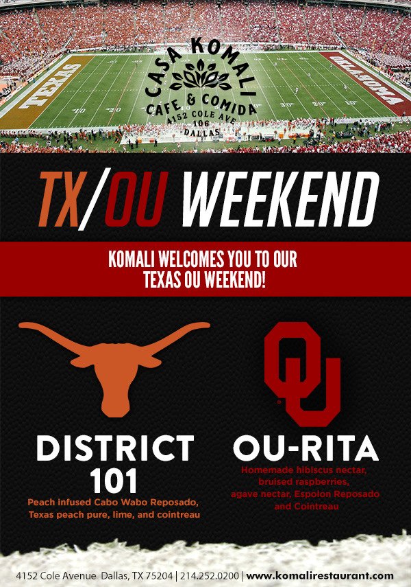 KomaliDallas's tweet photo. Begin and end your TX/OU weekend with us! $12 #Mimosa carafes until 4pm and #HappyHour ‘til 6! #TexasFight #BoomerSooner https://t.co/IYD3GkSKWv