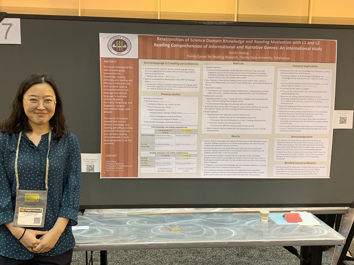So proud of ILA dissertation of the year finalist HyeJin Hwang! Study: Relationships of Science Domain Knowledge &amp; Reading Motivation w/ L1 and L2 Reading Comprehension... #ILA19