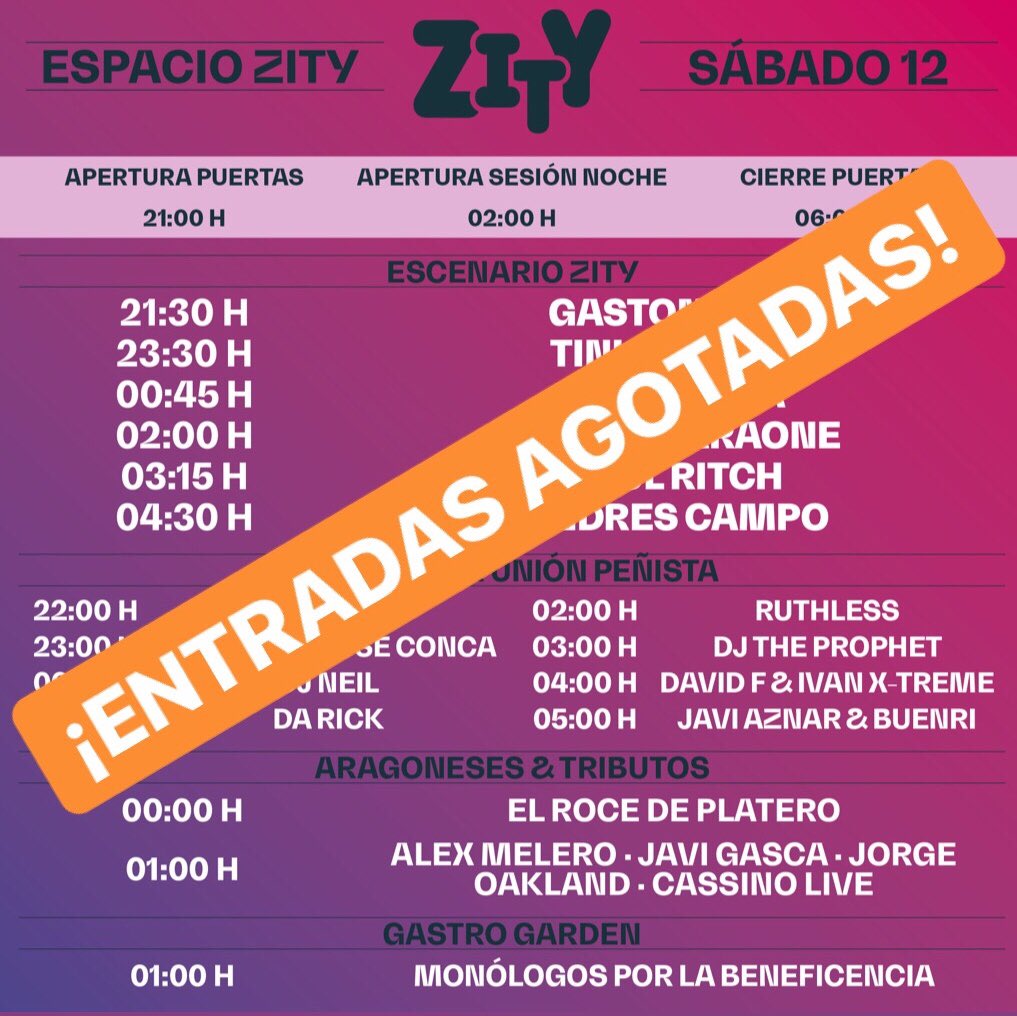 Agotadas entradas de concierto y de sesión de noche para hoy!⚡️¡llenazo total para cerrar estas geniales Fiestas del Pilar!
❗️NO HABRÁ ENTRADAS A LA VENTA EN TAQUILLAS ❗️
