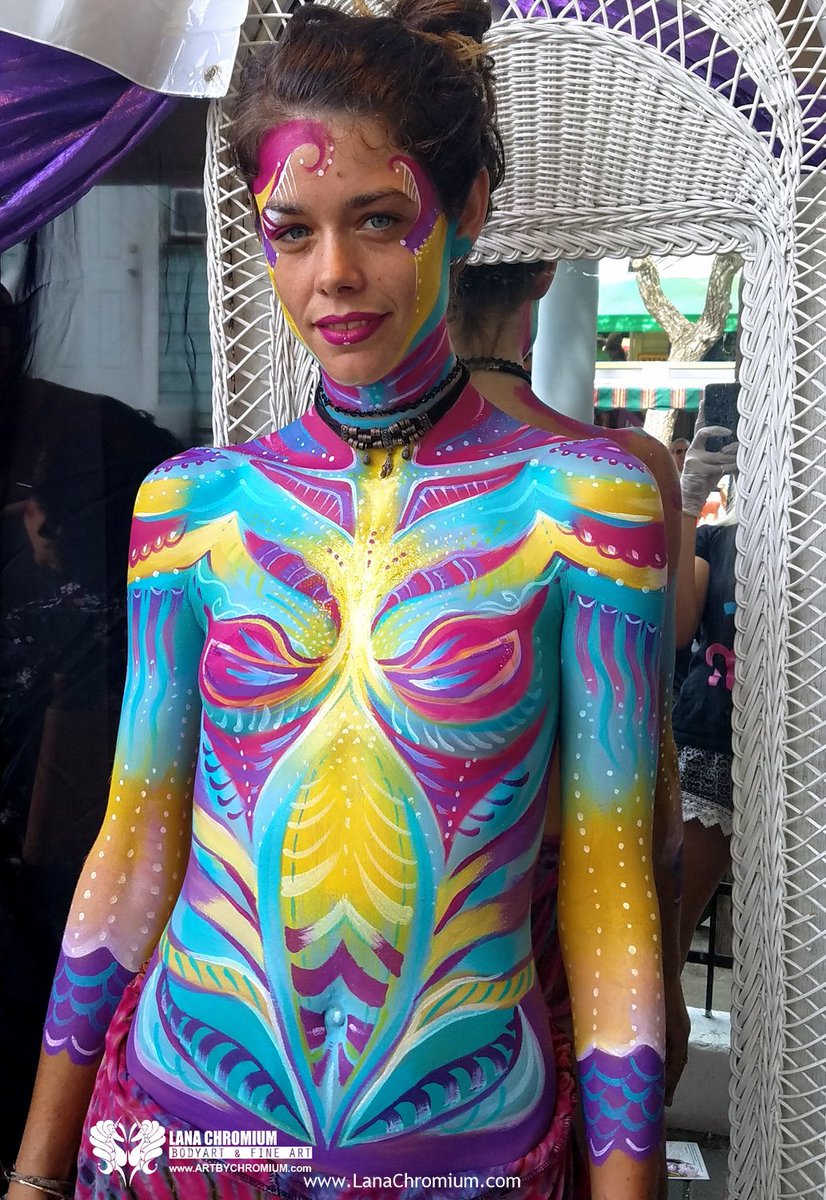 Colorful abstract full body painting at Fantasy Fest by Lana Chromium. 