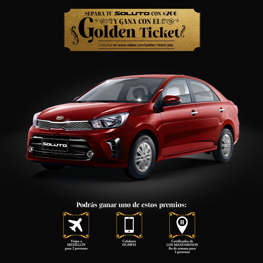 kiapanama's tweet photo. Llega el #GoldenTicket para darte maravillosos premios al separar tu #KiaSoluto con solo $200. Llévate desde viajes a Medellin, celulares Huawei, entradas al cine y mucho más. #KiaPanama #Panama #PMS19 https://t.co/WBWJSCoGQt