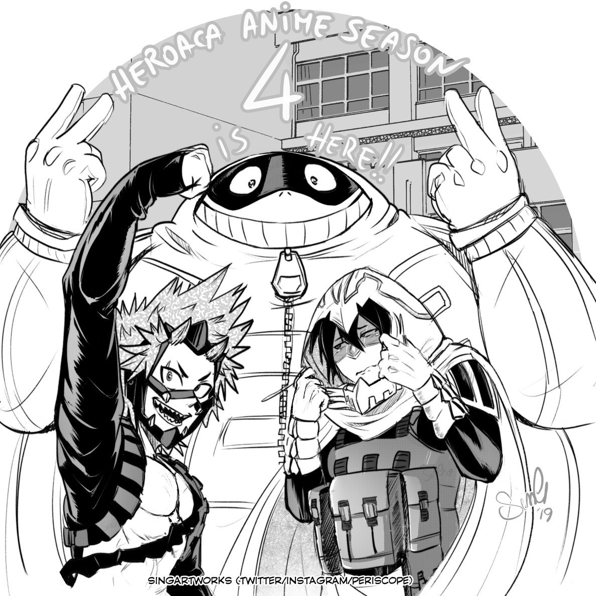 Sing オールマイトが大好き Commissions Closed Heroaca Anime Celebration Time My Favorite Trio In This Saga Is Celebrating Fatgum Kirishima Tamaki Suneater Redriot 切島鋭児郎 ファットガム 天喰環 サンイーター Bnha