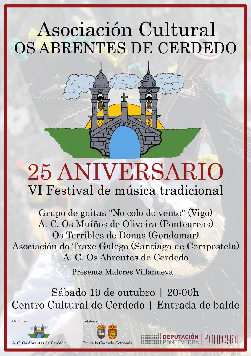 🔔 VI Festival de música tradicional de Cerdedo - 25 aniversario
👉🏻 Sábado 19 de outubro ás 20h no Centro Cultural de Cerdedo