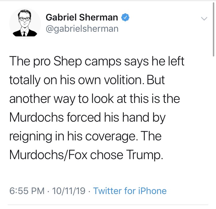 Like clock work, Gabriel Sherman who didn't have an advance tweet about Shep Smith's pending leave, had "sources" hours later giving him the back story. BTW did "Murdochs/Fox choose Trump" over Shep or did Fox want Shep to stay? Sherman claims both things 45 minutes apart. Clown.