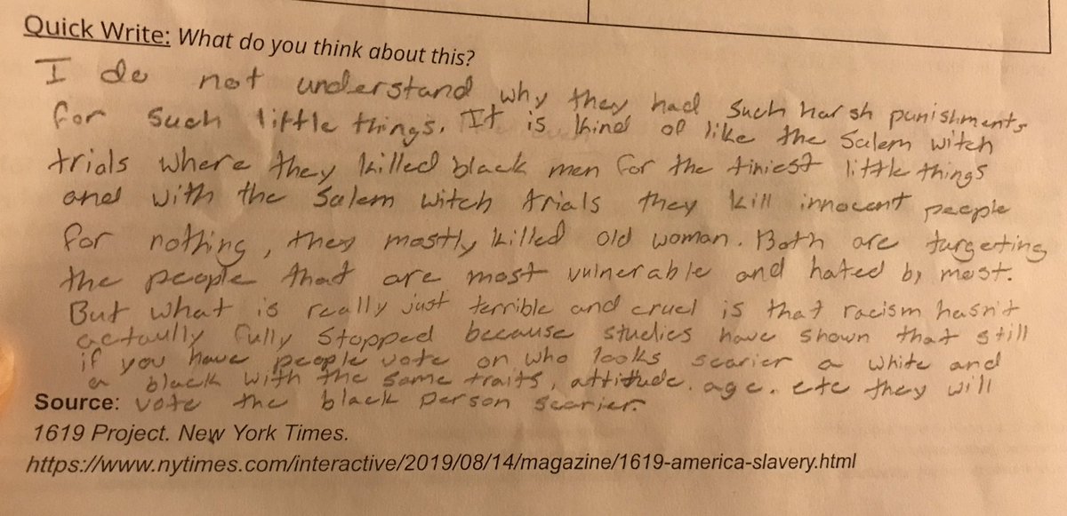JessicaKorsmo's tweet photo. My students are amazingly reflective and insightful as they engage in inquiry around The NY Times’ 1619 Project! #educolor #edchat #inquiry #mcpasd https://t.co/LmFXlaK39V