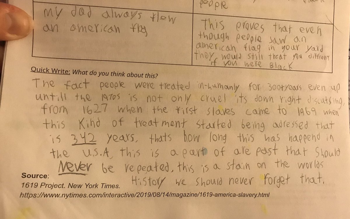 JessicaKorsmo's tweet photo. My students are amazingly reflective and insightful as they engage in inquiry around The NY Times’ 1619 Project! #educolor #edchat #inquiry #mcpasd https://t.co/LmFXlaK39V
