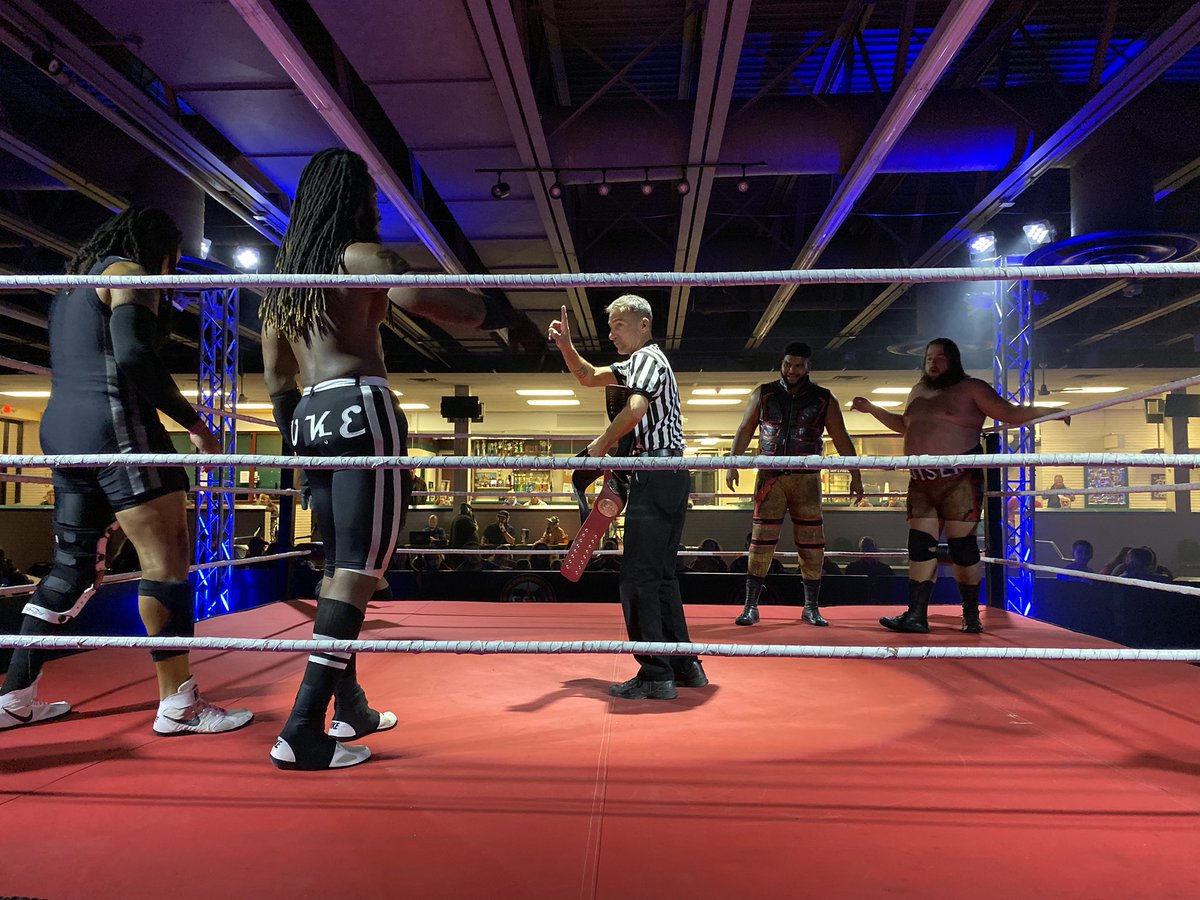 WrestlingCheers's tweet photo. #DBI8 continues with @ItsTheManeEvent (@GanonJonesJr & @ihatedukedavis) vs Warhorse (@HB_BruisingPat & @TheLegendCKH ) for the @OCWonline tag team championships. https://t.co/UCi0TyFidG