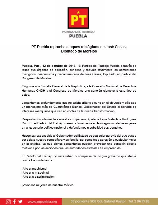 PTPueblaOficial's tweet photo. #Comunicado @PTPueblaOficial reprueba ataques misóginos de José Casas, Diputado de #Morelos

➡️Respaldamos totalmente a nuestra compañera Diputada @TaniaValPTMOR. 
➡️Exigimos una sanción ejemplar a este tipo de actos. https://t.co/RIFgRUSMiZ