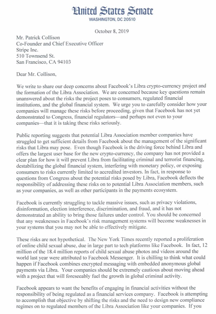 gaborgurbacs's tweet image. &amp;gt; This is the type of letter executives at @stripe, @Mastercard and @visa (former @Libra_ members) have received.
&amp;gt; Many executives may have chosen not to experiment and innovate in order to avoid regulatory pressure!Sad!
&amp;gt; America can do better!
&amp;gt; Source: schatz.senate.gov/imo/media/doc/…
