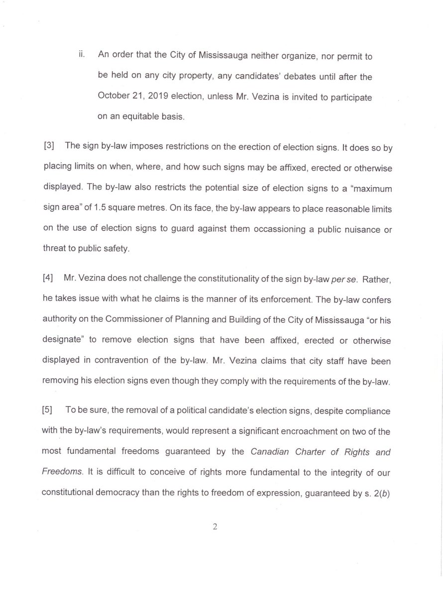 GregVezina's tweet photo. Ontario Superior Court Judge rules it unconstitutional to keep smaller party &amp; Independent candidates off debates on public property, candidates left off entitled to sue for damages.

Citation: Vezina v. City of Mississauga, 2019, ONSC 5925
#cdnpoli #elxn42 #Debates #DemocracyEh? https://t.co/1ErEcUrIfb
