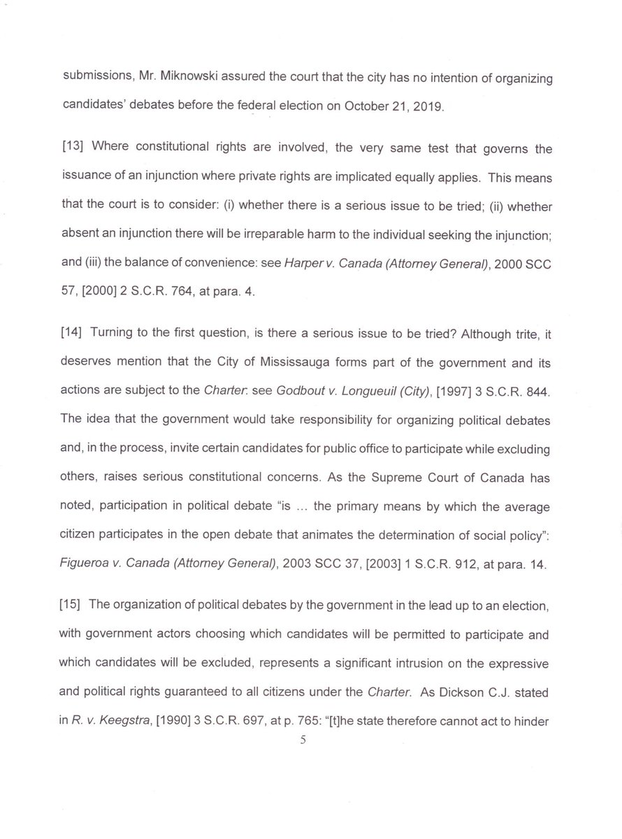 GregVezina's tweet photo. Ontario Superior Court Judge rules it unconstitutional to keep smaller party &amp; Independent candidates off debates on public property, candidates left off entitled to sue for damages.

Citation: Vezina v. City of Mississauga, 2019, ONSC 5925
#cdnpoli #elxn42 #Debates #DemocracyEh? https://t.co/1ErEcUrIfb