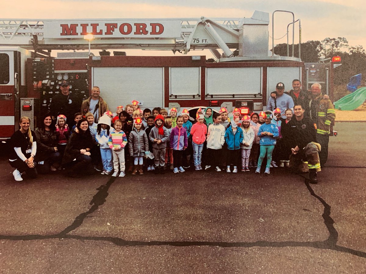 Quint 5 and the Kindergarden class at Calf Pen discussed fire safety during October’s Fire Prevention activities.  #milfordprofessionalfirefighters