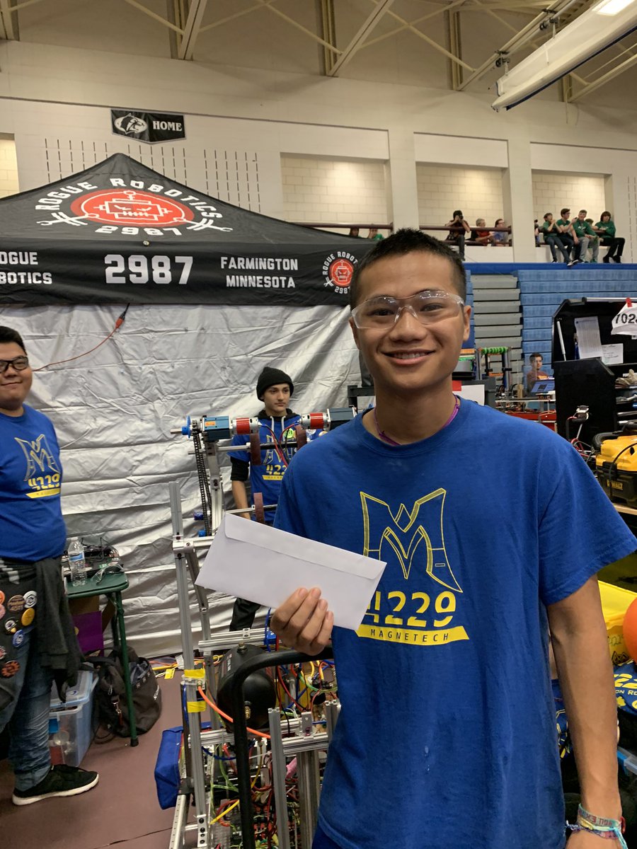 4229Magnetech's tweet photo. Before alliance selection: our own co-captain Poe received a $500 scholarship for his essay on how FIRST Robotics has changed his life. Congratulations! #omgrobots https://t.co/fGV6QMgcLt
