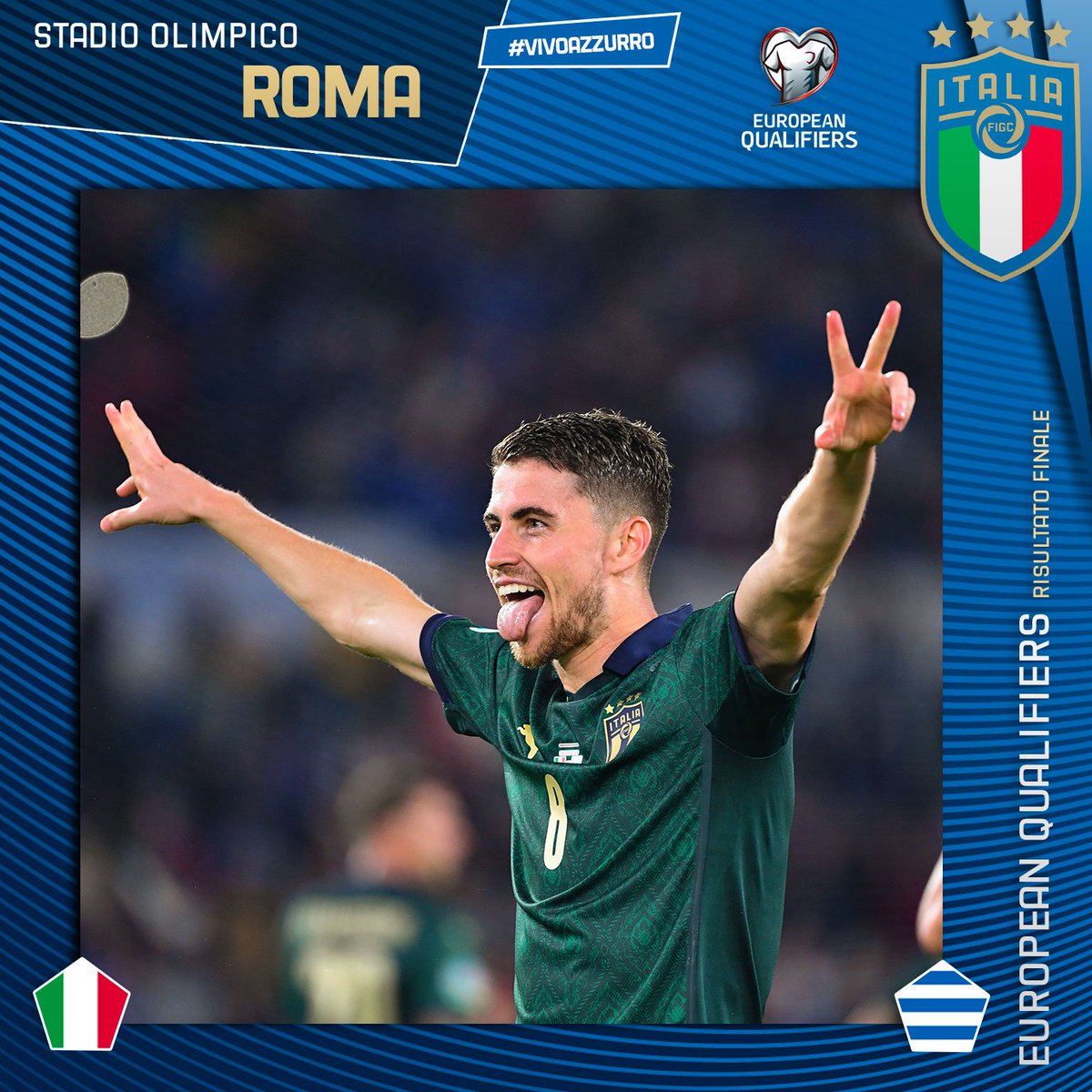 Azzurri's tweet photo. ⏱ RISULTATO FINALE

🇮🇹 #ItaliaGrecia 🇬🇷 2️⃣-0️⃣
⚽️ 63’ #Jorginho (r), 78’ #Bernardeschi

📋 A #Roma l'#Italia supera la #Grecia e stacca il biglietto per #Euro2020 🇪🇺!

#ITAGRE #EuropeanQualifiers  #VivoAzzurro https://t.co/SRb2qKw4mG