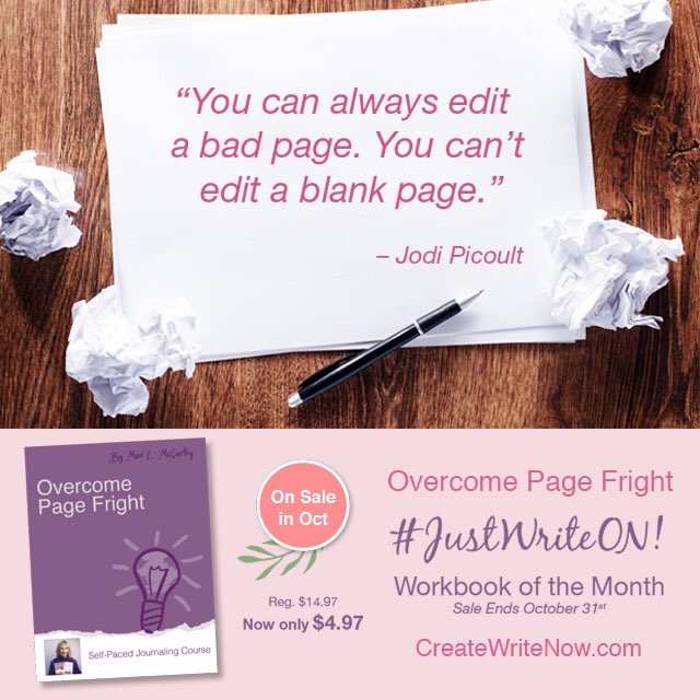 womenonwriting's tweet photo. Sometimes writers fear the blank page—it’s a real cause of writer’s block. @CreateWriteNow is offering Overcome Page Fright for only $4.97 this month. It’s a 7-day Journal course to help you! #WritingCommunity https://t.co/sCknfybBeq https://t.co/jkkSNSL9ZX
